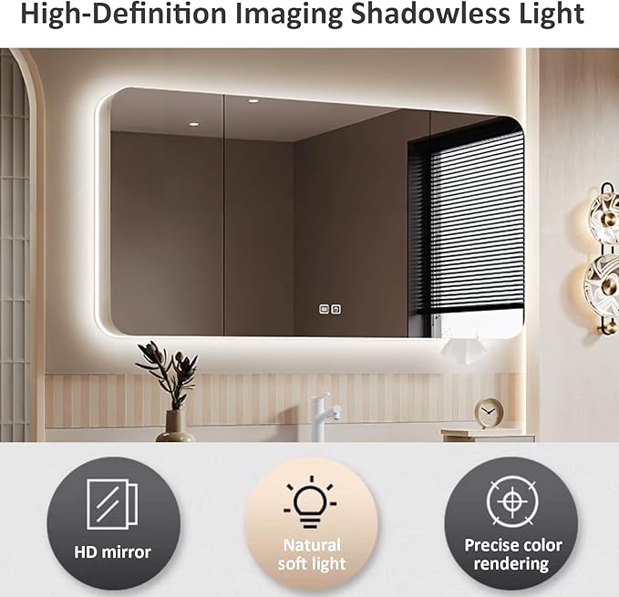 40IN Bathroom Vanity - Bathroom Vanity with Sink with Intelligent Induction Light | Wall-Mounted Bathroom Vanity with Intelligent LED Mirror Cabinet & 6 Drawers, Cream Color