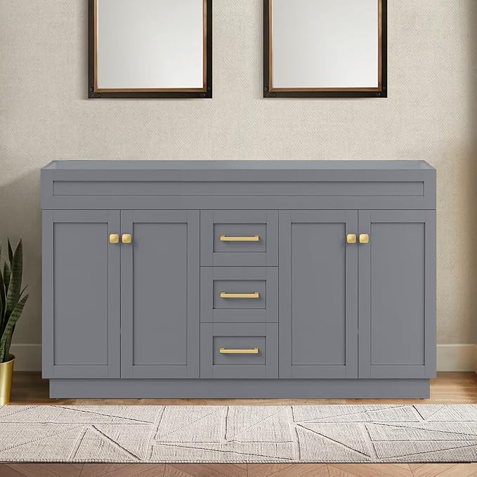 60" Bathroom Vanity Without Sink,Solid Wood Bathroom Storage Cabinet,4 Soft Closing Doors, 3 Full Extension Drawers, Grey Painted Surface