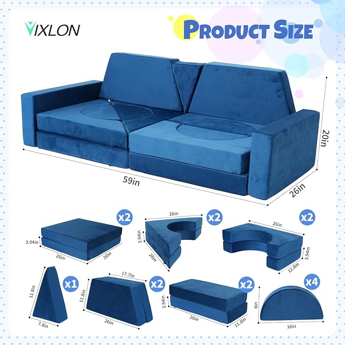 15 Pcs Modular Kids Play Couch, Toddler Couches That Fold Out, Plush Foam Chair for Children’s Playroom, Velvet Fabric Convertible Foam and Floor Cushion for Boys and Girls (Blue,27)