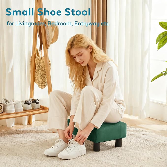 Small Foot Stool Ottoman, Velvet Footstool Ottoman Foot Rest for Couch, Rectangle Footstools and Ottomans Small for Living Room, Entryway (Green)