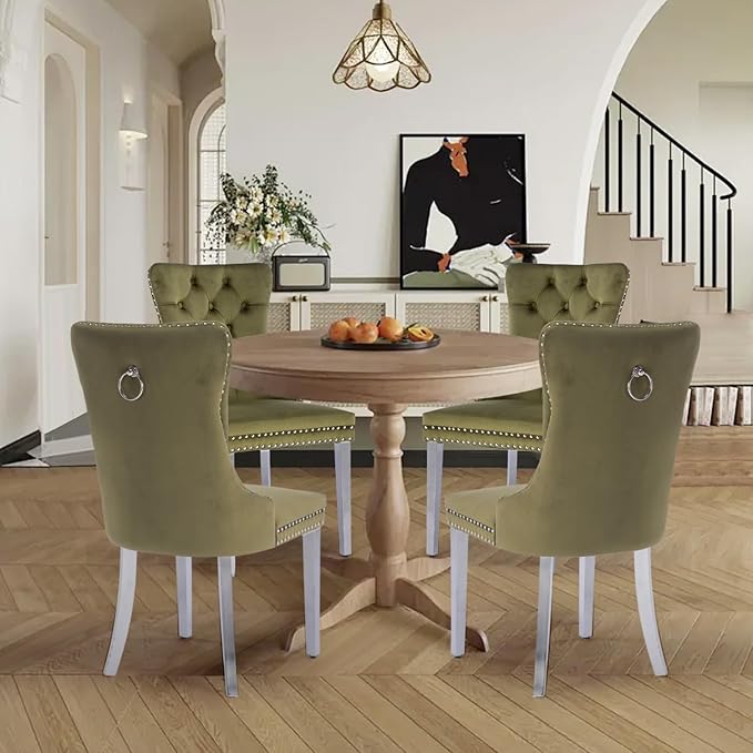 Velvet Upholstered Dining Chairs Set of 4, Modern Kitchen Side Chairs with Nailhead Trim and Silver Plated Leg, Metal Pulling Ring for Dining Room Living Room(Olive Green-Silver Plated Leg)
