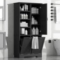 Tall Laundry Cabinet with 2 Tilt Out Hamper, Wood Bathroom Storage Cabinet with Doors and Adjustable Shelves Freestanding (Black)