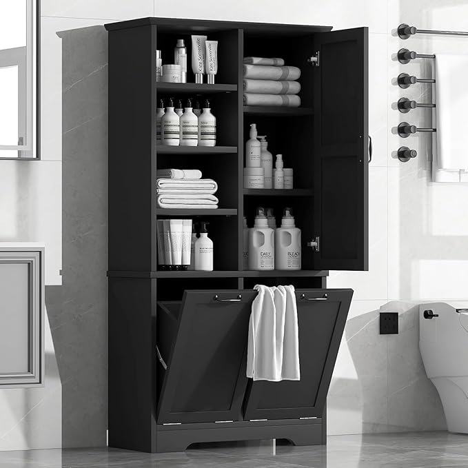 Tall Laundry Cabinet with 2 Tilt Out Hamper, Wood Bathroom Storage Cabinet with Doors and Adjustable Shelves Freestanding (Black)