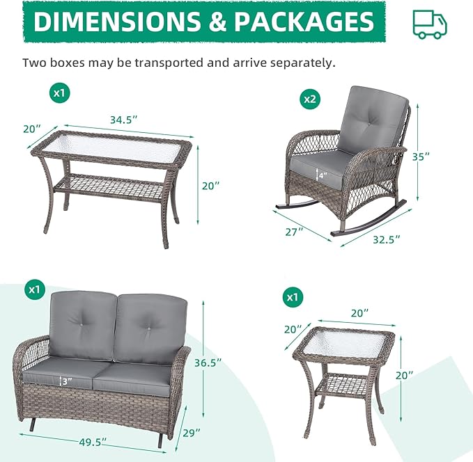 VIVIJASON 5-Piece Outdoor Patio Wicker Conversation Sets, All Weather Outdoor Rattan Furniture Set Includes Glider Loveseat, 2 Coffee Table, 2 Rocking Chairs with Cushions for Backyard, Grey