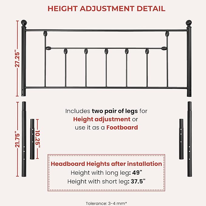 Victorian Metal Headboards, Adjustable Height Iron Frame, Rustic Farmhouse Style, Elegant and Durable Design, Easy Assembly, Universal Fit for Kids & Adults, King Size, Black Finish