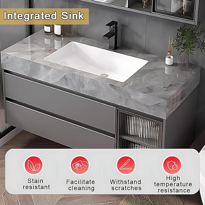 Gray 48IN Modern Bathroom Vanity - Wall-Mounted Bathroom Storage Cabinet & Bathroom Vanity with Sink, Bathroom Medicine Cabinet Wall Mounted, Defogging & Led Lighting | Bathroom Cabinet Slim