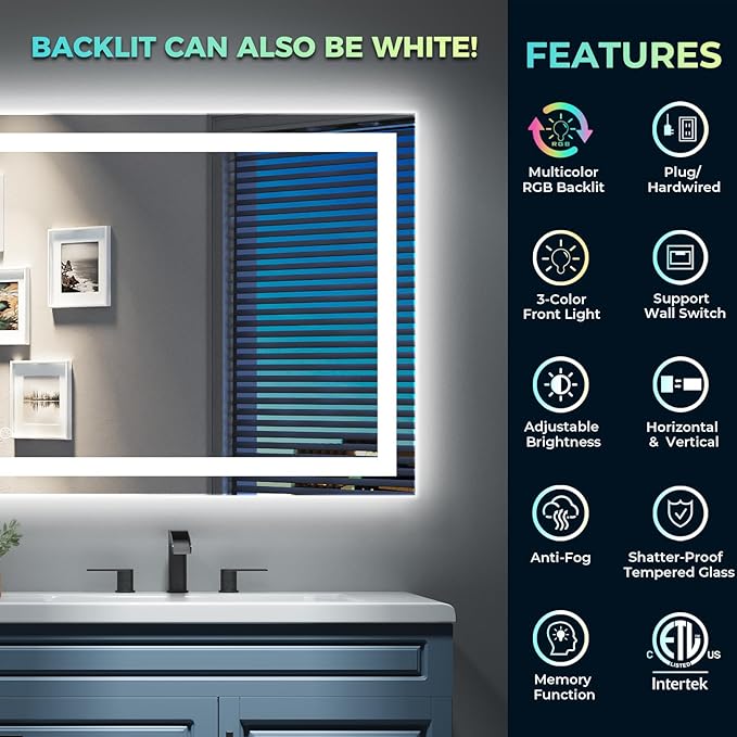 68x36 Inch RGB LED Bathroom Mirror Front Light and RGB Backlit Lighted Vanity Mirror for Bathroom Wall Mounted Dimmable Anti Fog Memory Shatter-Proof IP54 Waterproof Horizontal/Vertical