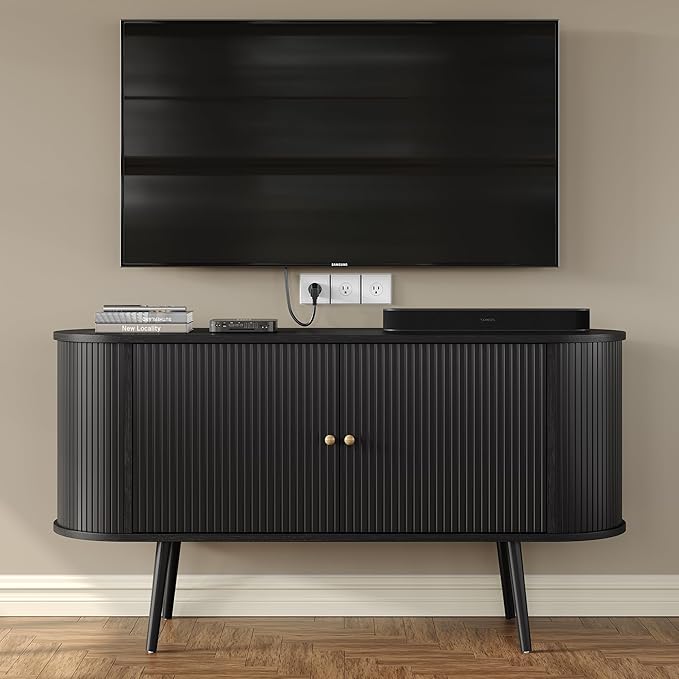 Furniouse 54.4''W Buffet Cabinet with Storage Fluted Sideboard Cabinet with Doors & 4 Shelf Storage for Living Room, Hallway, Kitchen, Black