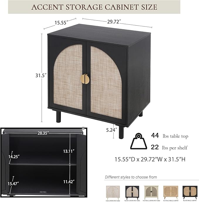 Black Rattan Cabinet-2-Doors,Sideboard Buffet Cabinet with Storage-Accent Storage Cabinet with Cane Door, Boho Wood Credenza for Dining Room, Kitchen,Study Room (Black01-2 Door)