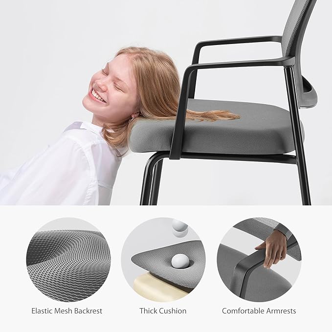 DUMOS Grey Stackable Arm Chairs with Mesh Back and Upholstered Fabric, Sturdy Metal Frame, Easy to Store and Use, Perfect for Indoor and Outdoor Spaces, 4 Chair