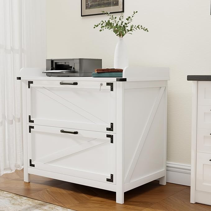 2 Drawer File Cabinet with Lock, Modern Farmhouse Filing Cabinet for Legal/Letter/A4 Size Hanging Files, Large Wood File Cabinets for Home Office