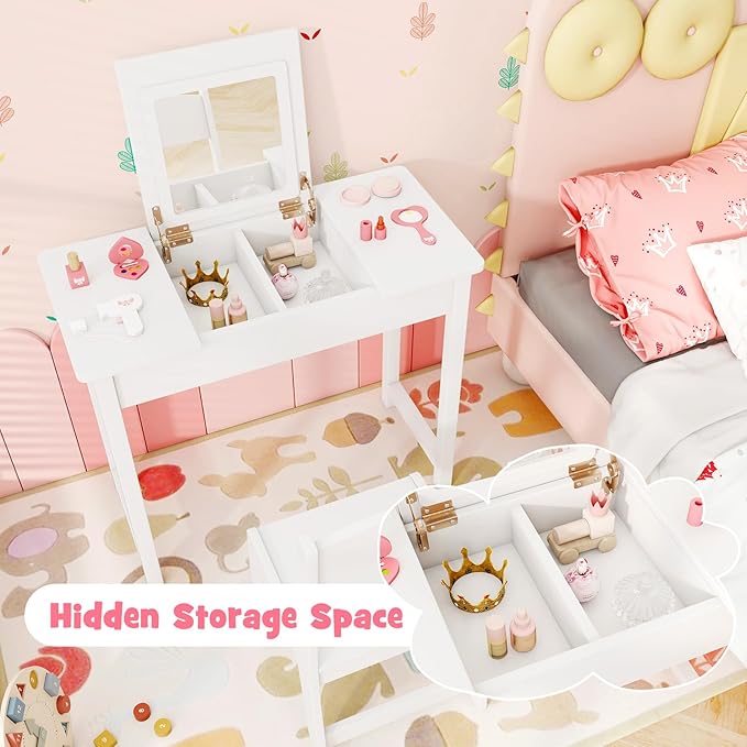 HONEY JOY Kids Vanity, Wooden Girls Vanity Desk with Flip Top Mirror, Hidden Storage Space, Toddler Makeup Vanity Dressing Table, Pretend Play Kids Vanity Table and Chair Set (White)