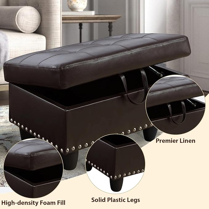 Faux Leather Storage Ottoman with Nailhead Trim, 28.5"X19.5"X17.5" Footrest Stool, Hidden Storage Foot Stool for Living Room, Bedroom Furniture, Red-Brown