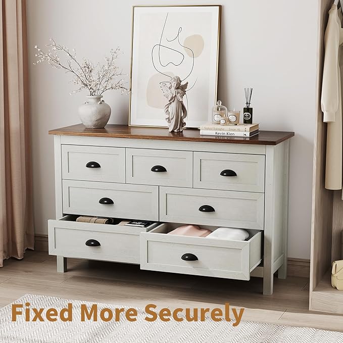 Farmhouse White Dresser for Bedroom, Wide Wood Dressers & Chests of Drawers with Vintage Black Handle, 7 Drawer Dresser for Bedroom Hallway, Entryway, Antique White