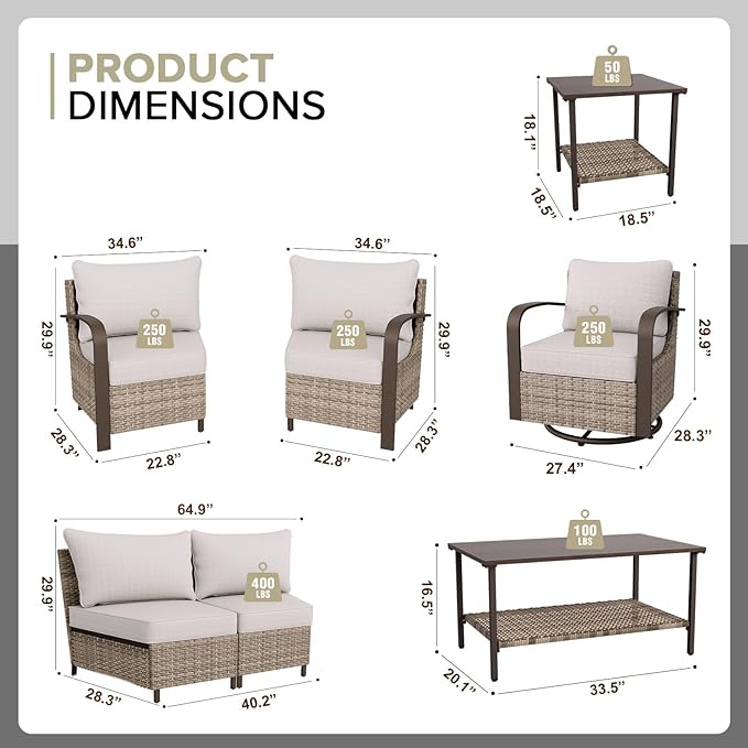 COOS BAY Aurora Terrace Half-Moon Outdoor Furniture Set, Rattan Conversation Set with Swivel Rockers, Curved 4-Seat Sofa, Coffee Table & Side Table, Seats 6, Beige/Beige