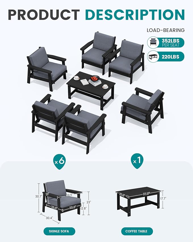 SERWALL HDPE Outdoor Furniture Set, 7 Piece All Weather Wood-Like Outdoor Sofa Sectional Couch, Black Patio Furniture Set with Grey Cushions