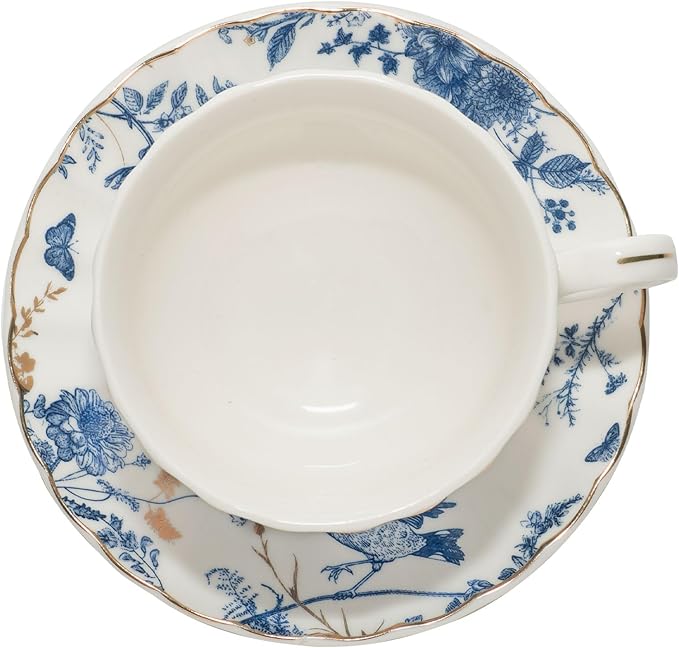 Tea Cups and Saucers Coffee Cappuccino Espresso Latte Cup Mugs Special Gold Line Ceramic Cup Porcelain Tea Cups Set of 2 (7 oz) for Gifts,Party,Gatherings, Afternoon Teas,Receptions