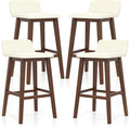 COSTWAY Wooden Bar Stools Set of 4, 29-inch Height Upholstered Padded Seat, Low Backrest, Footrest, Rubber Wood Legs, Armless Bar Chairs for Kitchen Counter Island, Dining Room, Brown+Beige