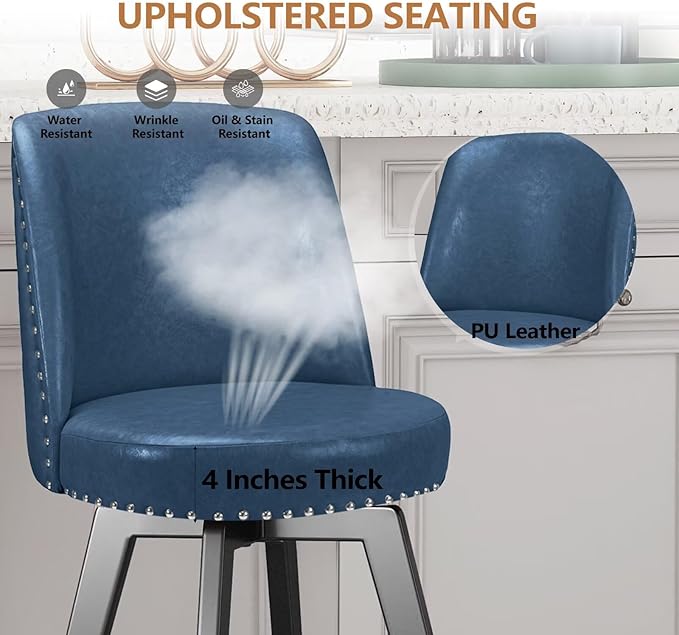 MINCETA Bar Stools Set of 4, PU Leather Barstools, 26 Inch Upholstered Counter Stools with High Back and Footrest, Swivel Counter Height Barstools for Kitchen Island Home Bar Navy Blue
