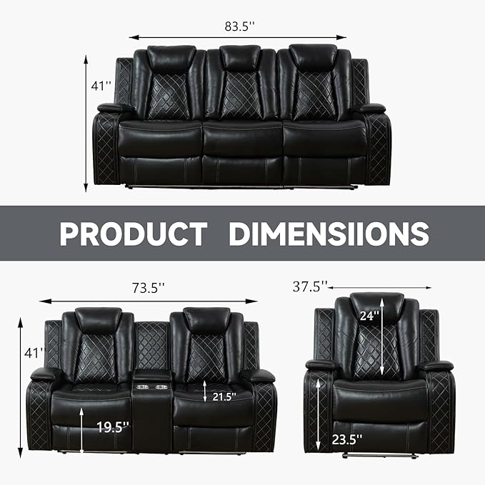 Power Recliner Sofa Set with LED, Black Leather Reclining Living Room Sofa, Muti-Functional Recliner Sofa and Couch with Storage Console/Cup Holders/USB Ports