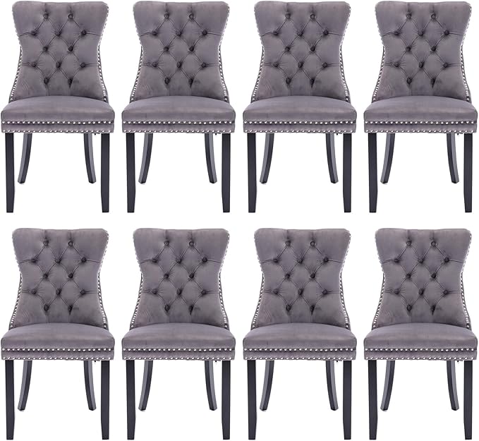 Velvet Upholstered Dining Chairs Set of 8, Modern Style Kitchen Side Chairs with Nailhead Trim and Wood Legs,Metal Pulling Ring for Dining Room Living Room(Grey)