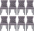 Velvet Upholstered Dining Chairs Set of 8, Modern Style Kitchen Side Chairs with Nailhead Trim and Wood Legs,Metal Pulling Ring for Dining Room Living Room(Grey)