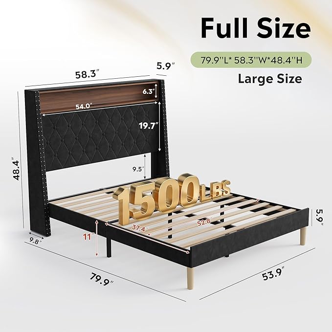 WLIVE Full Size Upholstered Bed Frame with Storage Headboard, Velvet Square Tufted Platform Bed with Charging Station, Sturdy Metal & Wooden Slats Support, No Box Spring Needed, Black