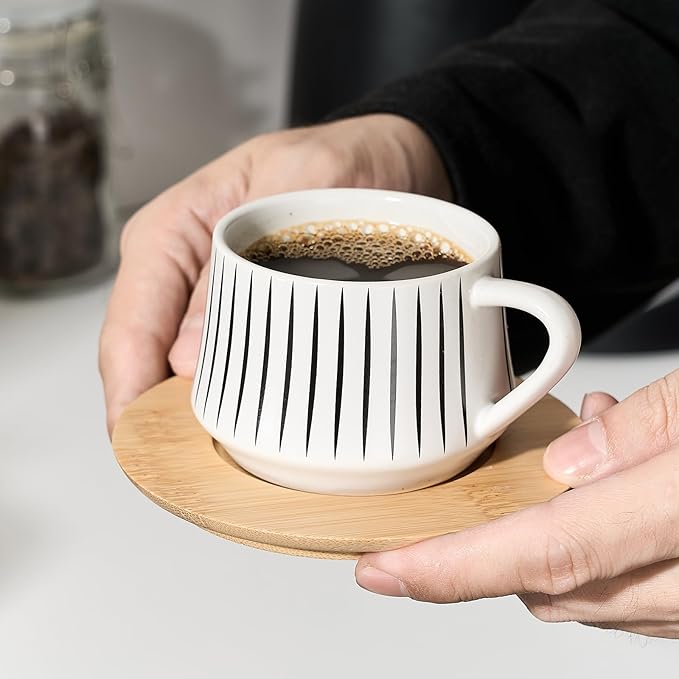 LUKA Ceramic Coffee Espresso Cups with Saucers Set with Metal Holder, 4 oz Porcelain Demitasse Cups For Tea, Espresso, Latte, Coffee, Cafe Mocha, Set of 6, White
