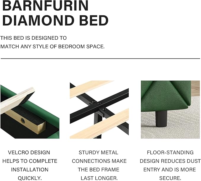 BarnFurin King Size Bed Frame with Headboard, Upholstered Bed with Diamond Tufted Design, Wooden Slats Support, No Box Spring Required, Easy Assembly, Green