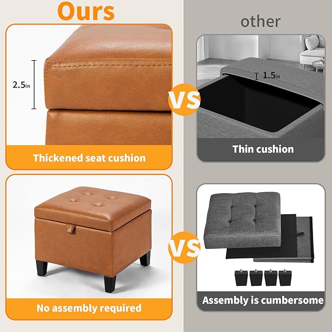 Asense 17 Inch Storage Ottoman Foot Rest,Square Faux Leather Foot Stool,Small Ottoman with Storage,Padded Seat for Entryway,Living Room,Bedroom,Couch,Under Desk,Cognac Brown