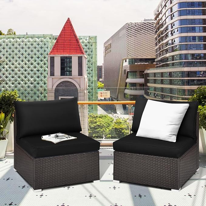 COSTWAY 2PCS PE Rattan Armless Sofa, Wicker Patio Conversation Set Chairs with Soft Cushion, Outdoor Sectional Furniture for Yard, Poolside (Black)