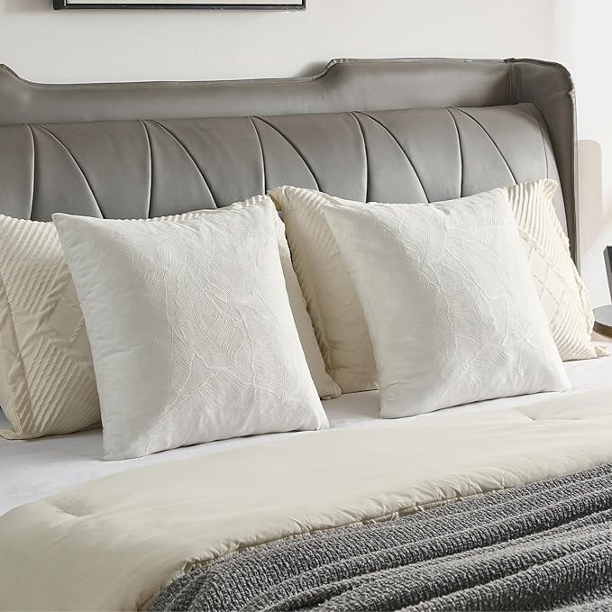 FUTEI Cream Velvet Throw Pillow Covers 24x24 Inch Set of 2,Soft Embossed Leaf-Relief Textured European Cushion Cases,Natural Home Decor for Couch Living Room
