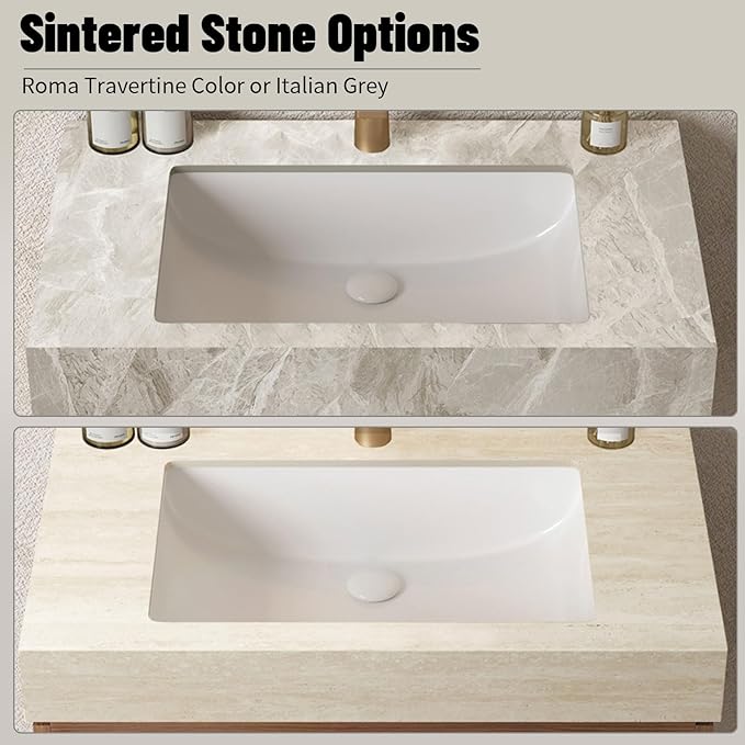 48 Inch Floating Bathroom Vanity with Sink, Wall-Mounted Bathroom Vanity with Drawer and 2 Doors, Light Gray Sintered Stone Countertop and Ceramic Basin, Pre-Assembled, White Oak Woodgrain