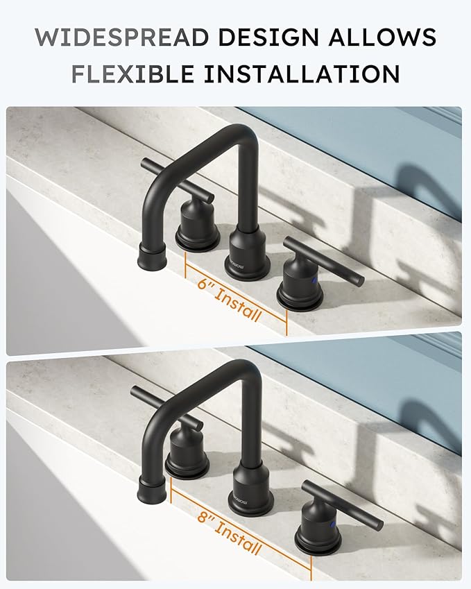WOWOW Two Handles Widespread 8 inch Bathroom Faucet Black 3 Pieces Basin Faucets 360 Degree Swivel Spout Lavatory Sink Faucet