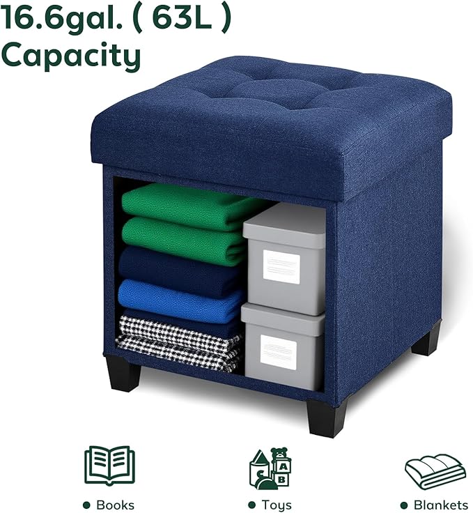 17.7" Ottoman with Storage, Square Storage Ottoman for Dorm, Linen Ottomans with Legs for Living Room, Bedroom, Blue