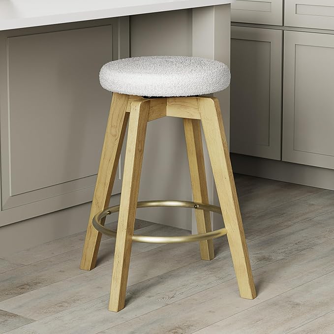 Swivel Premium Solid Wood Counter Stool 25", 360° Rotating Upholstered Cushion, Backless Bar Chair for Island, Pub, Kitchen, Dining Room (Light Oak)