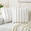 FUTEI Cream White Decorative Throw Pillow Covers 18x18 Inch Set of 2, Square Soft Faux Rabbit Fur Thick Striped Cushion Cover,Winter Home Decor for Couch Bed Living Room