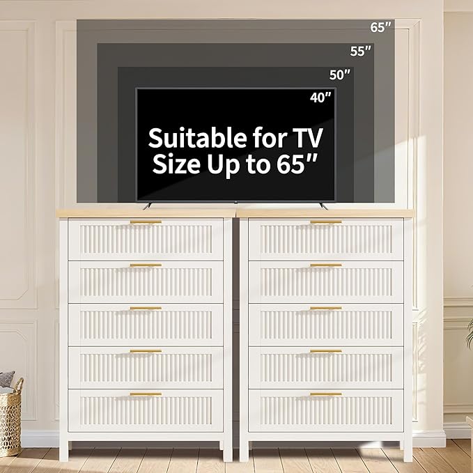 GarveeHome Fluted 5 Drawer Tall Dresser for Bedroom, 42.9 in Chest of Drawers, Wooden Dresser Chest with Clothes Storage Cabinet, Drawer Organizer, TV Stand for Bedroom, Living Room, Hallway, White