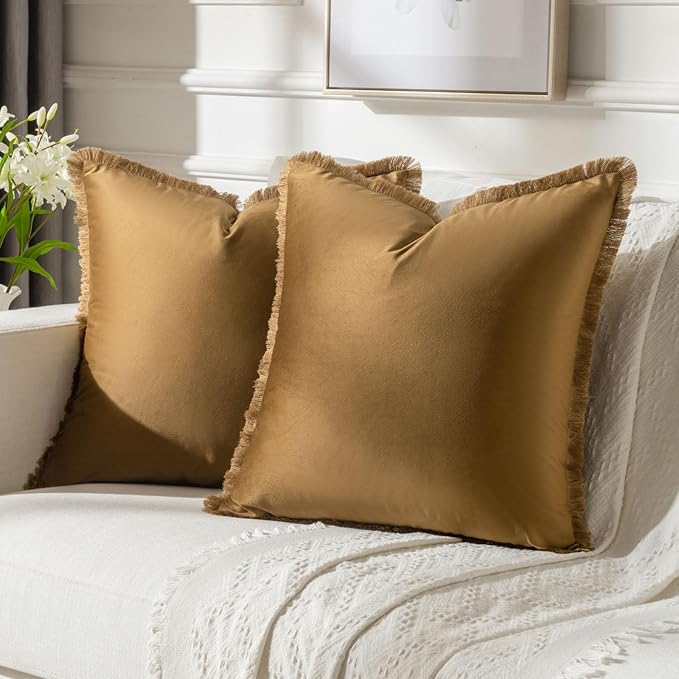 FUTEI Brown Velvet Decorative Throw Pillow Covers 16x16 Set of 2,Soft Cozy Edge with Tassels Cushion Case,Boho Modern Home Decor for Couch Bed Living Room