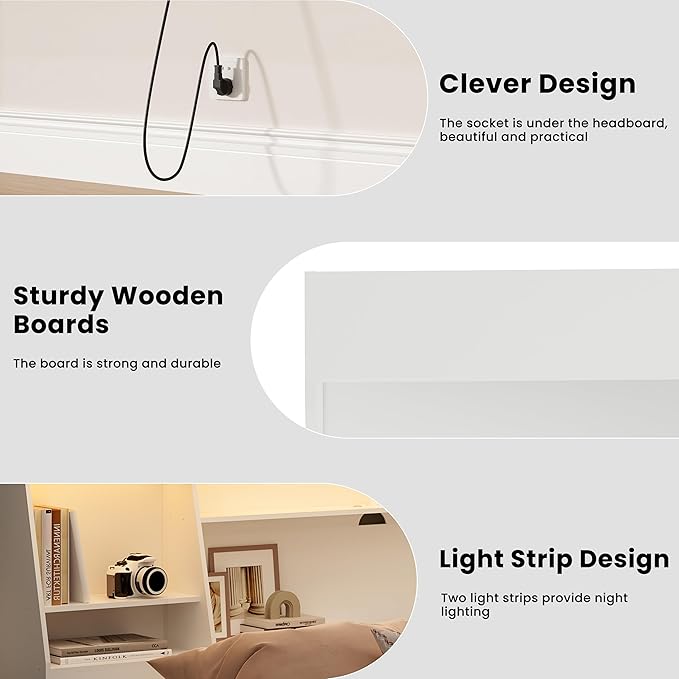 King Size Headboard Only for Bed, Wood Bookcase Headboard with Charging Station & 2 LED Lights, Modern King Bookshelf Headboard with Storage, Noise-Free, Sturdy and Durable, White