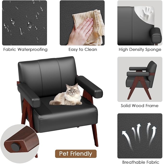 STHOUYN Black Leather Accent Chairs, Mid Century Modern Chair, Side Arm Chairs for Living Room, Office Guest Waiting Room Chairs (1, Black)