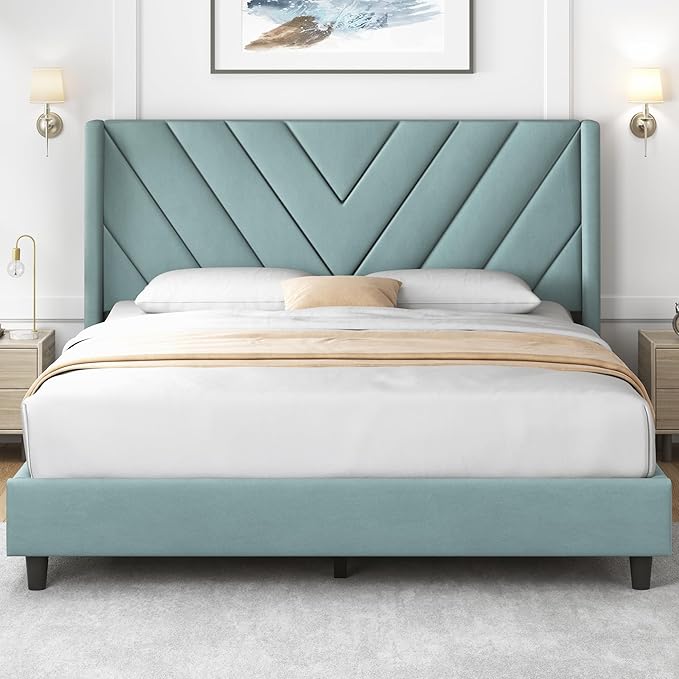 Yaheetech Queen Bed Frame Upholstered Platform Bed with Wing Side/Wooden Slat Support/Tufted Headboard with Wing Side/Mattress Foundation/No Box Spring Needed,Blue Lake Queen Bed