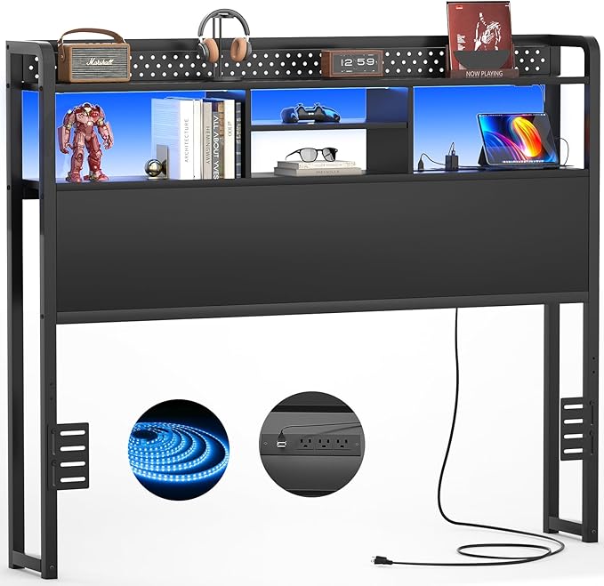 Unikito Headboard for Full Size Bed with Storage Shelf, Head Board with 3 Outlets and 2 USB Ports, Headboards with RGB LED Light, Height Adjustable, Sturdy and Stable, Easy Assembly, Black