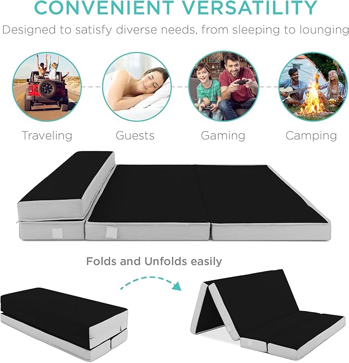 Best Choice Products 4in Portable Full-Size Mattress, Tri-Fold Mattress for Camping, Guest, Toddler, Foam Plush w/Carry Case - Onyx Black
