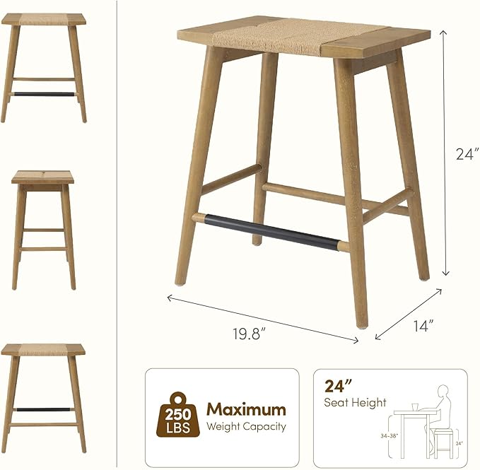 Thor Wicker Premium Solid Wood Counter Stool 24", Set of 2, Backless Counter Height Seating with Hand-Knitted Rope, Eco-Friendly Modern Design (Light Brown)