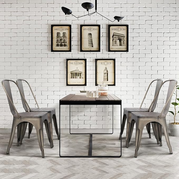 Yaheetech Metal Dining Chairs with Wood Seat/Top Stackable Side Chairs Kitchen Chairs with Back Indoor-Outdoor Classic/Chic/Industrial/Vintage Bistro Cafe Trattoria Kitchen Gun Metal, Set of 4
