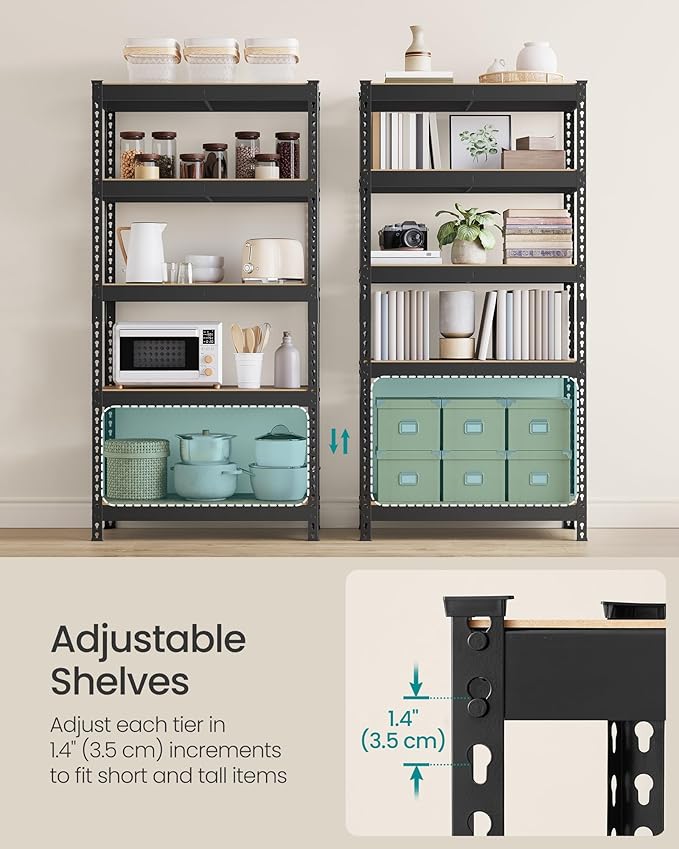 SONGMICS 5-Tier Storage Shelves, Load 2310 lb, Garage Storage, Boltless Assembly, Adjustable Shelving Unit, 17.7 x 35.4 x 70.9 Inches, for Study Shed Basement, Black and Rustic Brown UGLR450B11