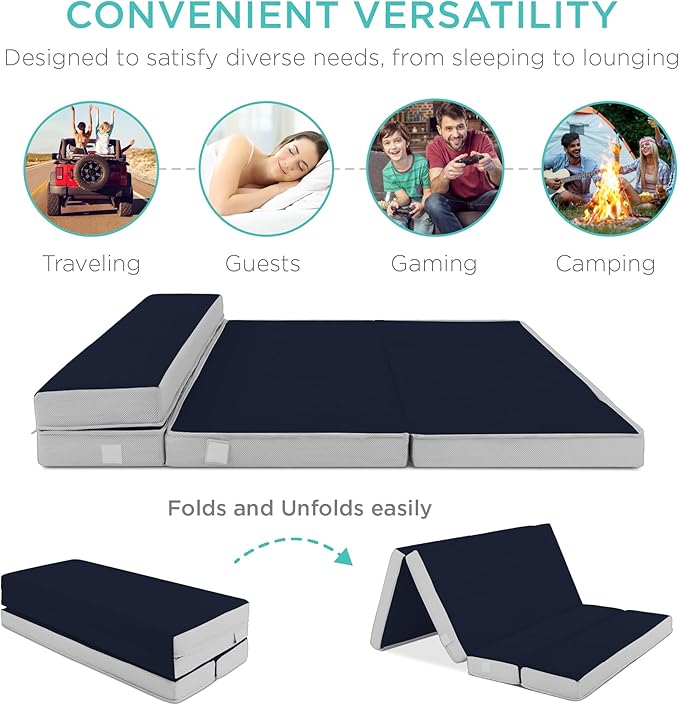 Best Choice Products 4in Portable Queen-Size Mattress, Tri-Fold Mattress for Camping, Guest, Toddler, Foam Plush w/Carry Case - Midnight Blue