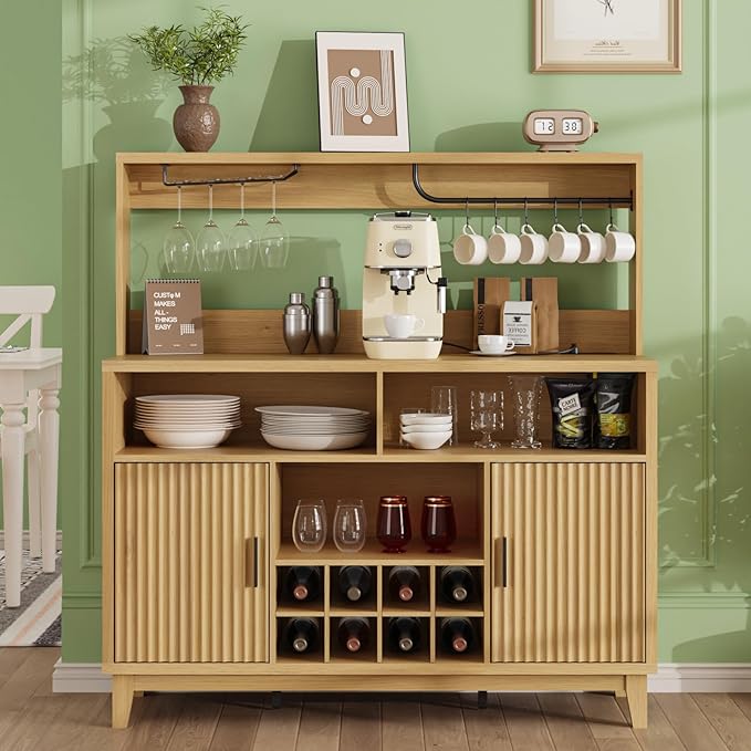 Fluted Buffet Cabinet with Storage, Modern Coffee Bar Cabinet with Outlet, Wine Rack, Cup Holder, Multi-Functional Accent Liquor Cabinet for Living Room, Entryway, Kitchen, Wood