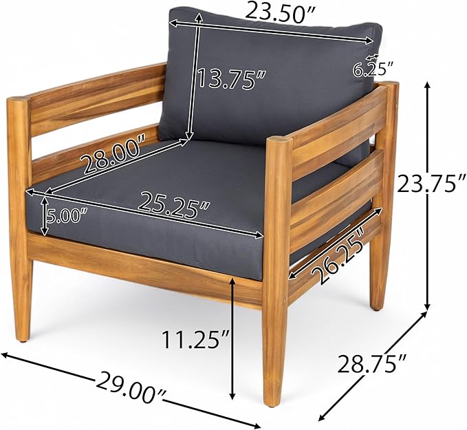 Christopher Knight Home Annie Acacia Wood Outdoor Chairs Set of 2, Patio Lounge Chair Outdoor with Slatted Back, Accent Chair with Cushions, Stylish Armchair for Balcony/Garden, Dark Gray + Teak